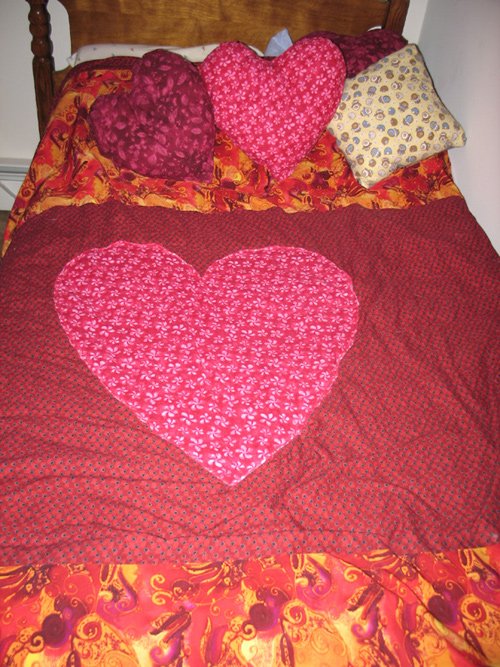 Hand Sewn Heart Quilt/Blanket with matching Heart-Shaped Pillows